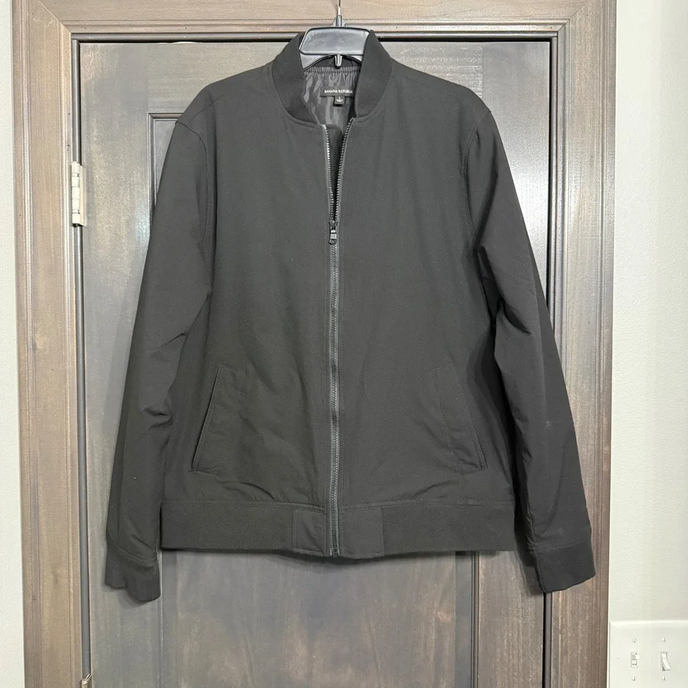 Banana Republic Mens Black Full Zip Bomber Jacket Large L Ribbed Trim Lined